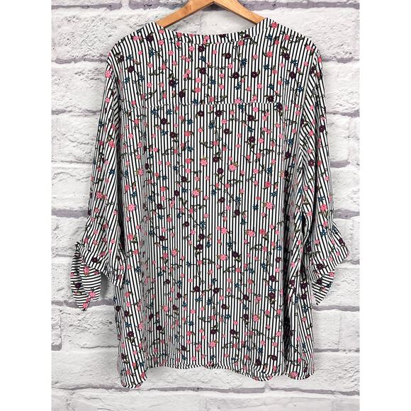 Catherines Womens 1X Feminine Bloomcore Preppy Artsy Floral Stripe Tunic Blouse - Picture 4 of 11